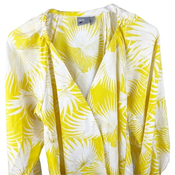 ASOS Yellow Palm Print Plunge Kimono Top V Neck Wrap Puffy Sleeve Blouse Size 2 - Picture 6 of 11